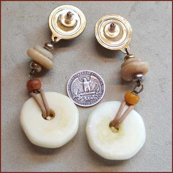 1970s Ethnic Big Marble Beads w Carnelian Vintage Pierced Earrings - Picture 6 of 6